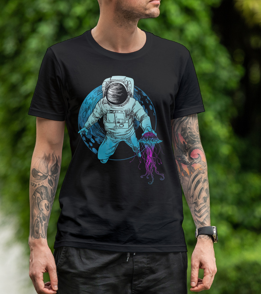 Astronaut With Jellyfish In Space And Underwater Fusion T-Shirt