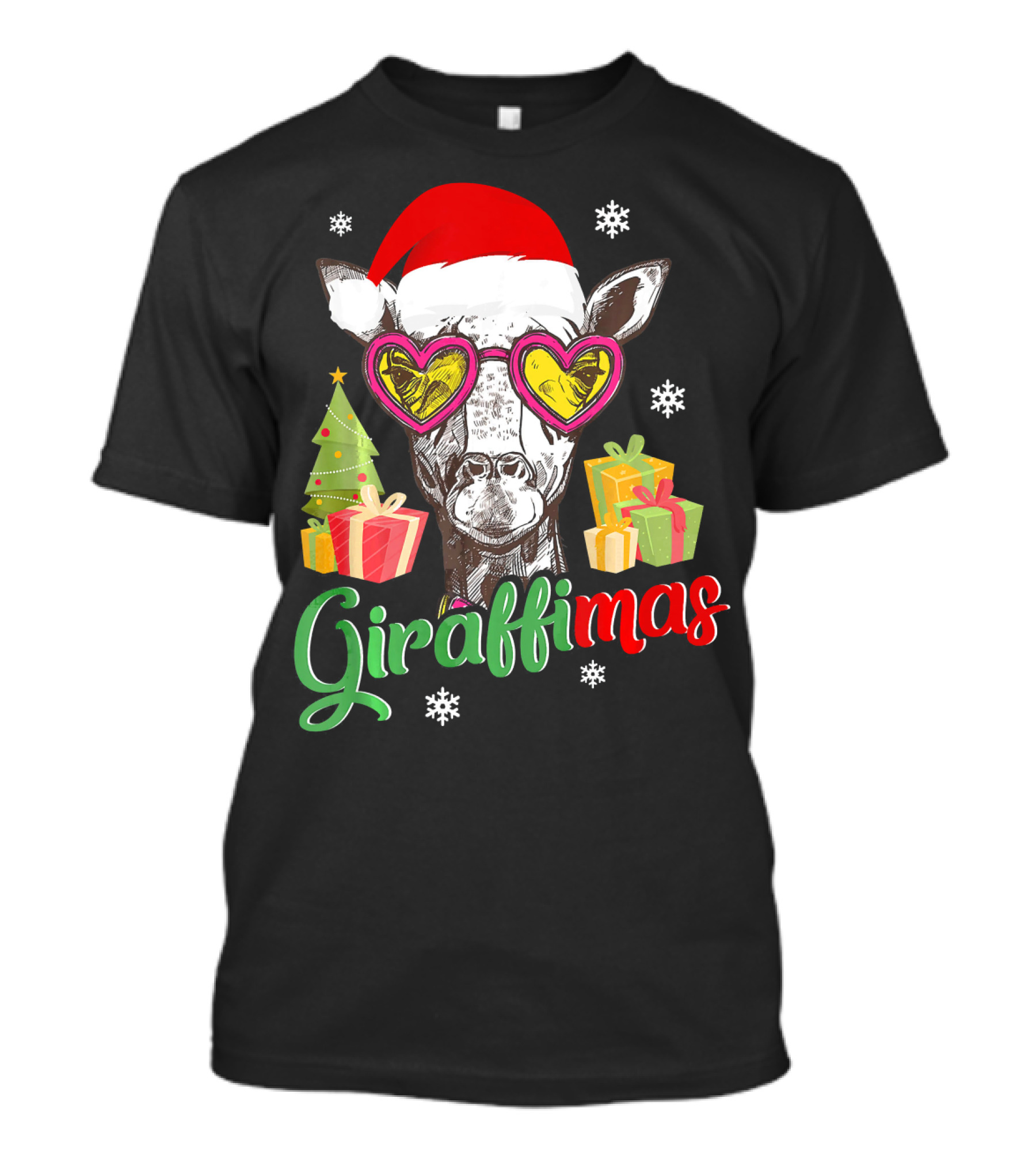 Giraffimas Santa Hat Heart Glasses Christmas Tree Presents Snowflakes T-Shirt