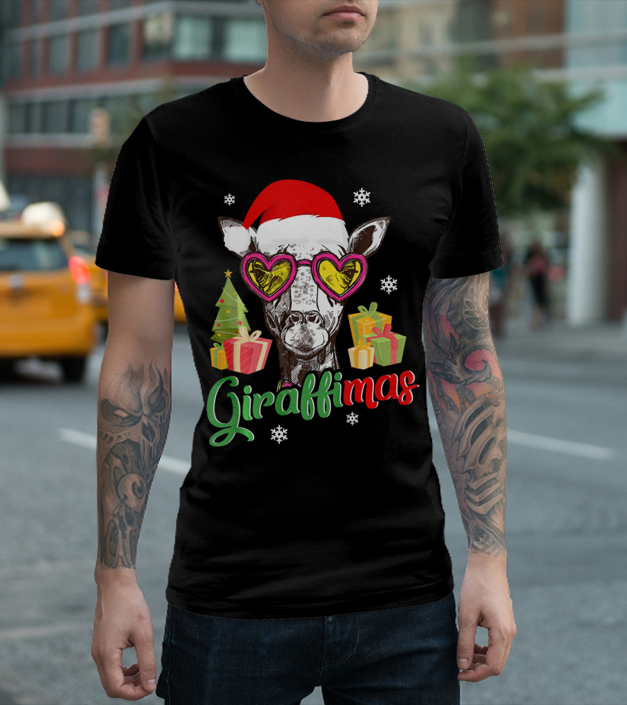 Giraffimas Santa Hat Heart Glasses Christmas Tree Presents Snowflakes T-Shirt