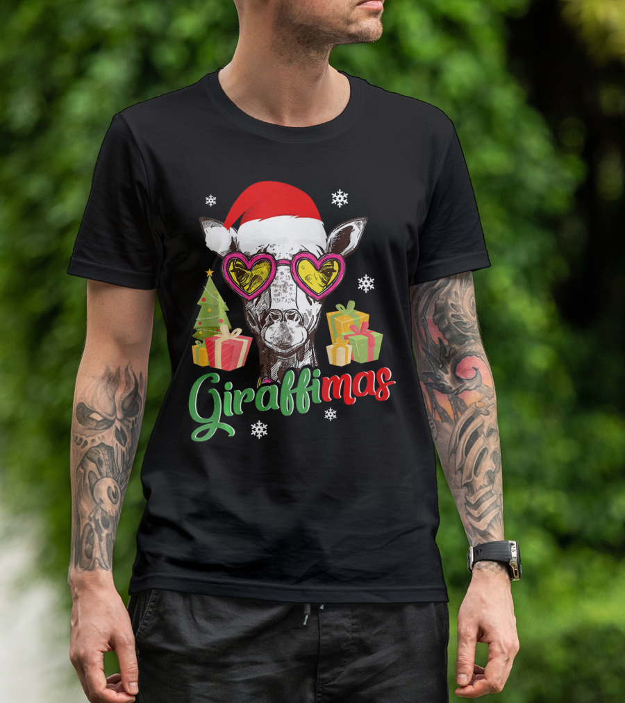 Giraffimas Santa Hat Heart Glasses Christmas Tree Presents Snowflakes T-Shirt