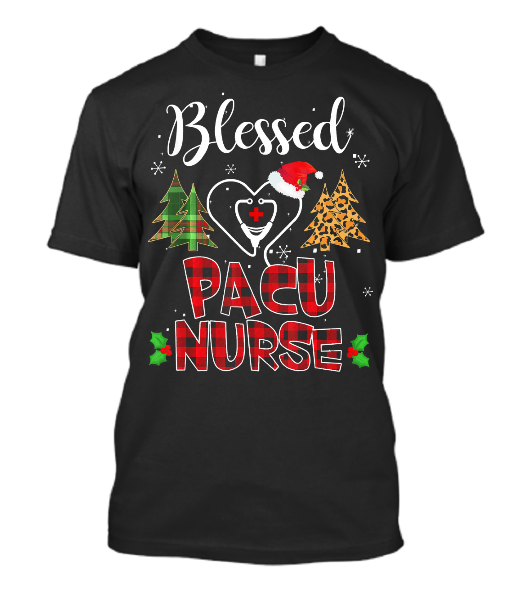 Blessed PACU Nurse Buffalo Plaid Red Jag Christmas Holiday Trees T-Shirt