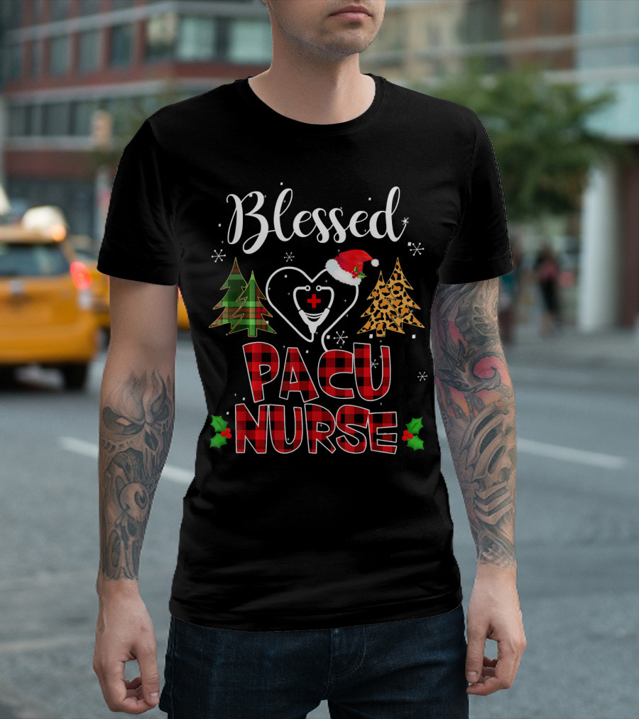 Blessed PACU Nurse Buffalo Plaid Red Jag Christmas Holiday Trees T-Shirt