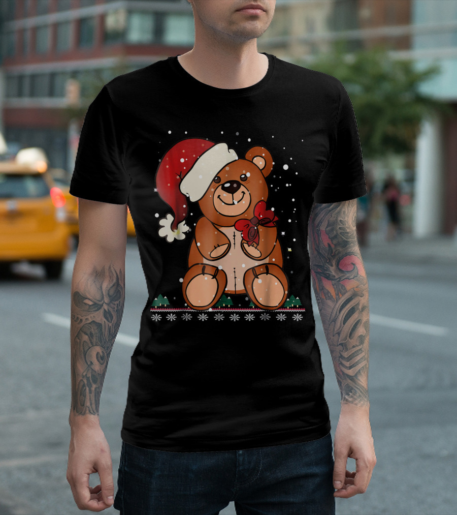 Christmas Teddy Bear Holding Red Bow Santa Hat Snowflakes T-Shirt
