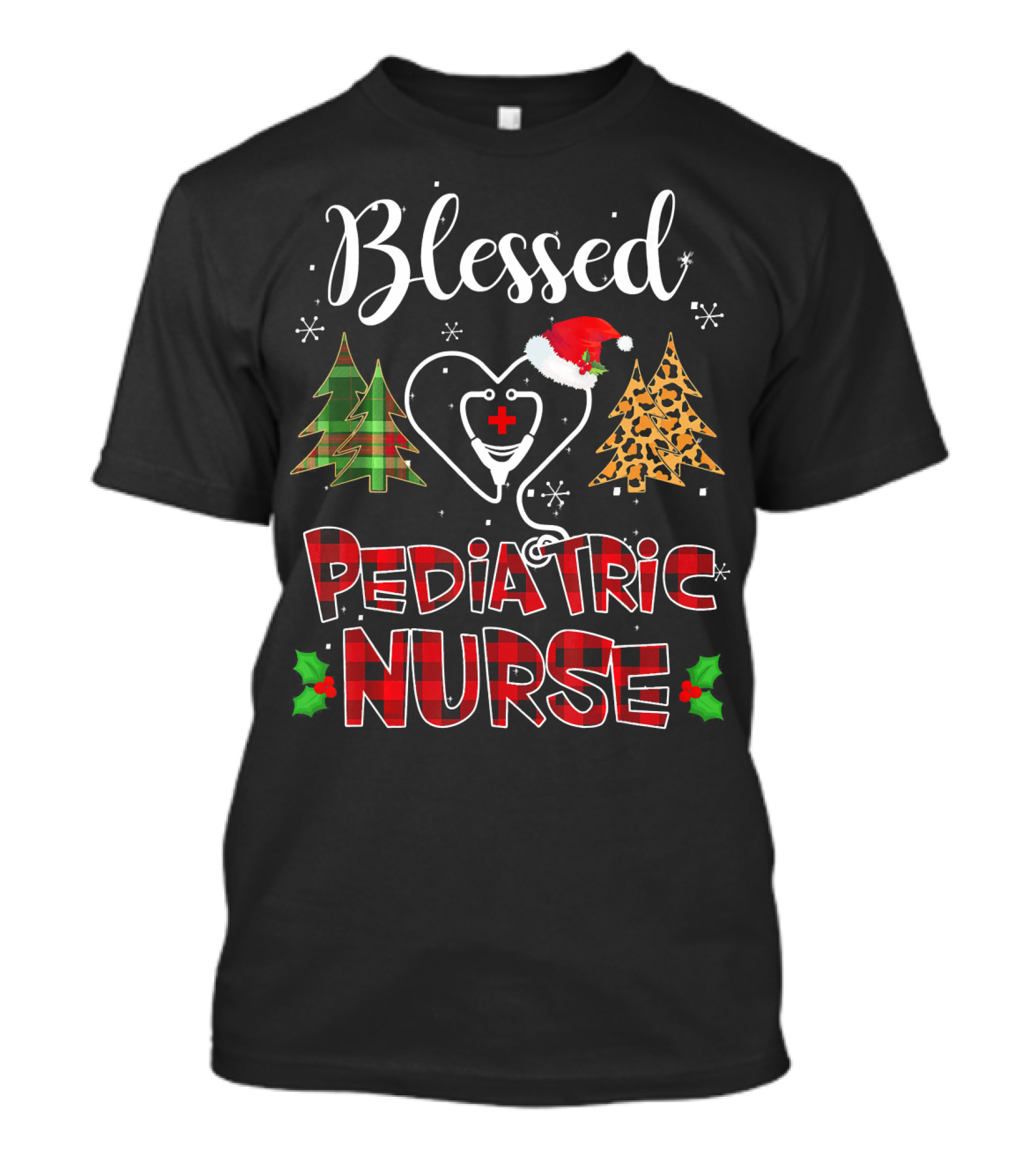 Blessed Pediatric Nurse Christmas Buffalo Plaid Snowflakes Santa Hat T-Shirt