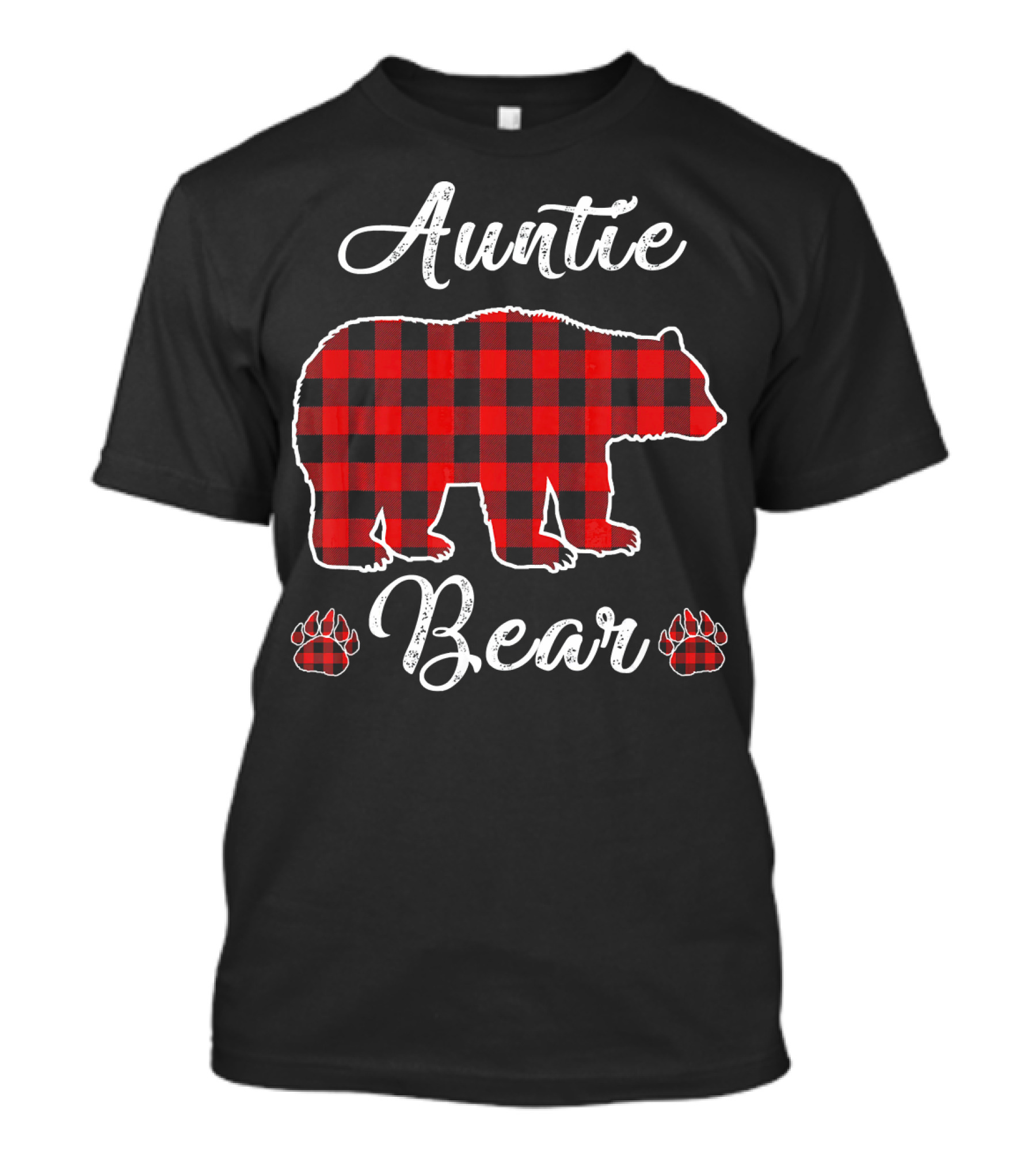 Auntie Bear Red Plaid Christmas Paw Prints T-Shirt