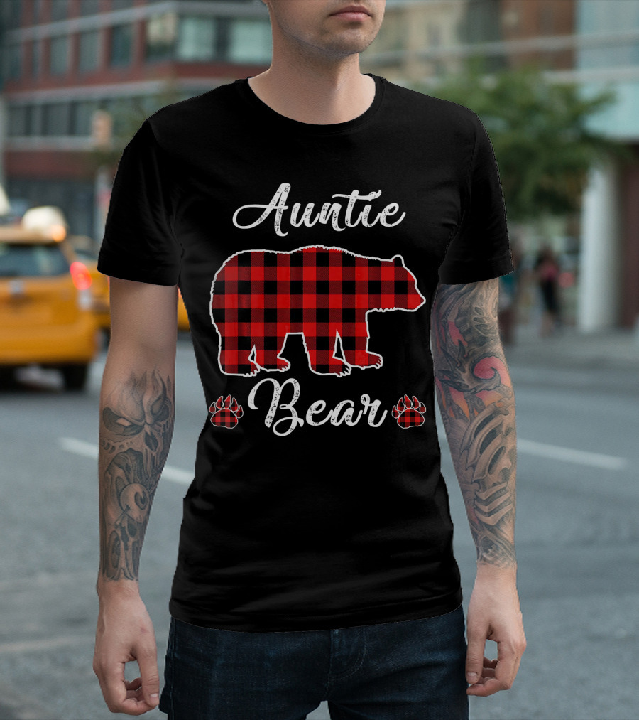 Auntie Bear Red Plaid Christmas Paw Prints T-Shirt