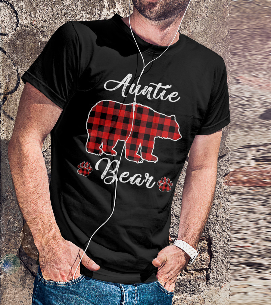 Auntie Bear Red Plaid Christmas Paw Prints T-Shirt
