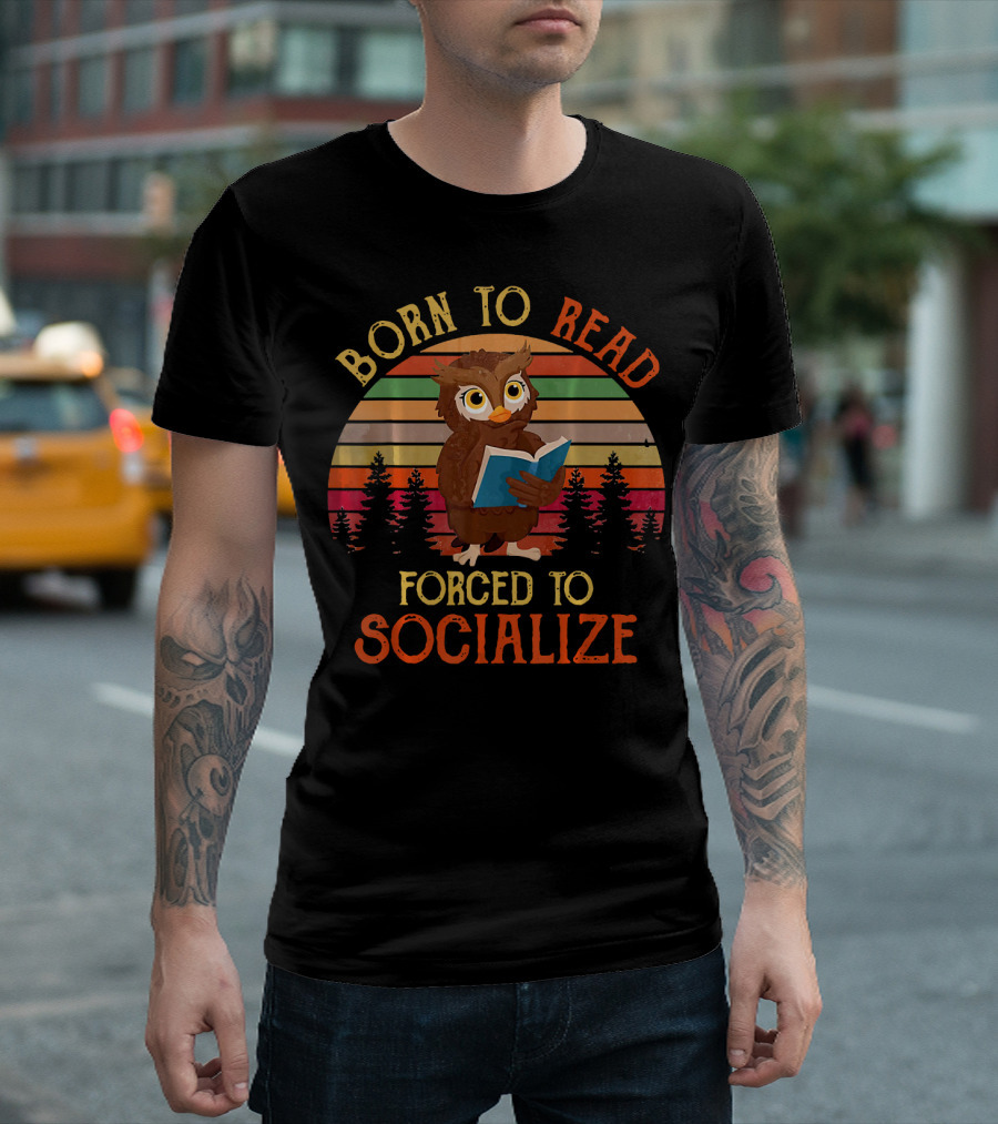 Born To Read Forced To Socialize Owl with Book Sunset Forest Stripes T-Shirt