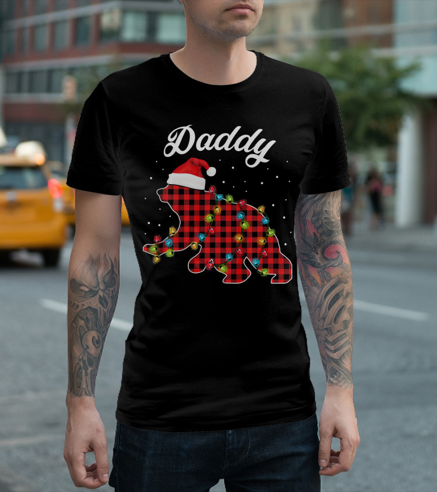 Daddy Bear Buffalo Plaid Christmas Lights Santa Hat T-Shirt