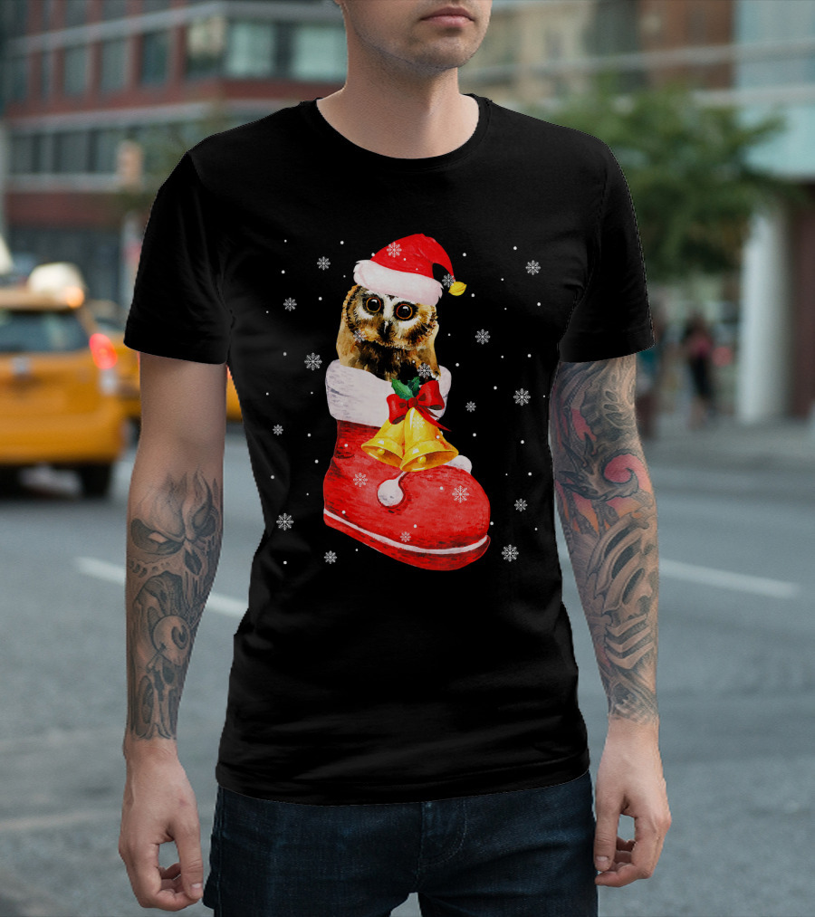 Cute Owl in Santa Hat with Bells in Red Sock T-Shirt