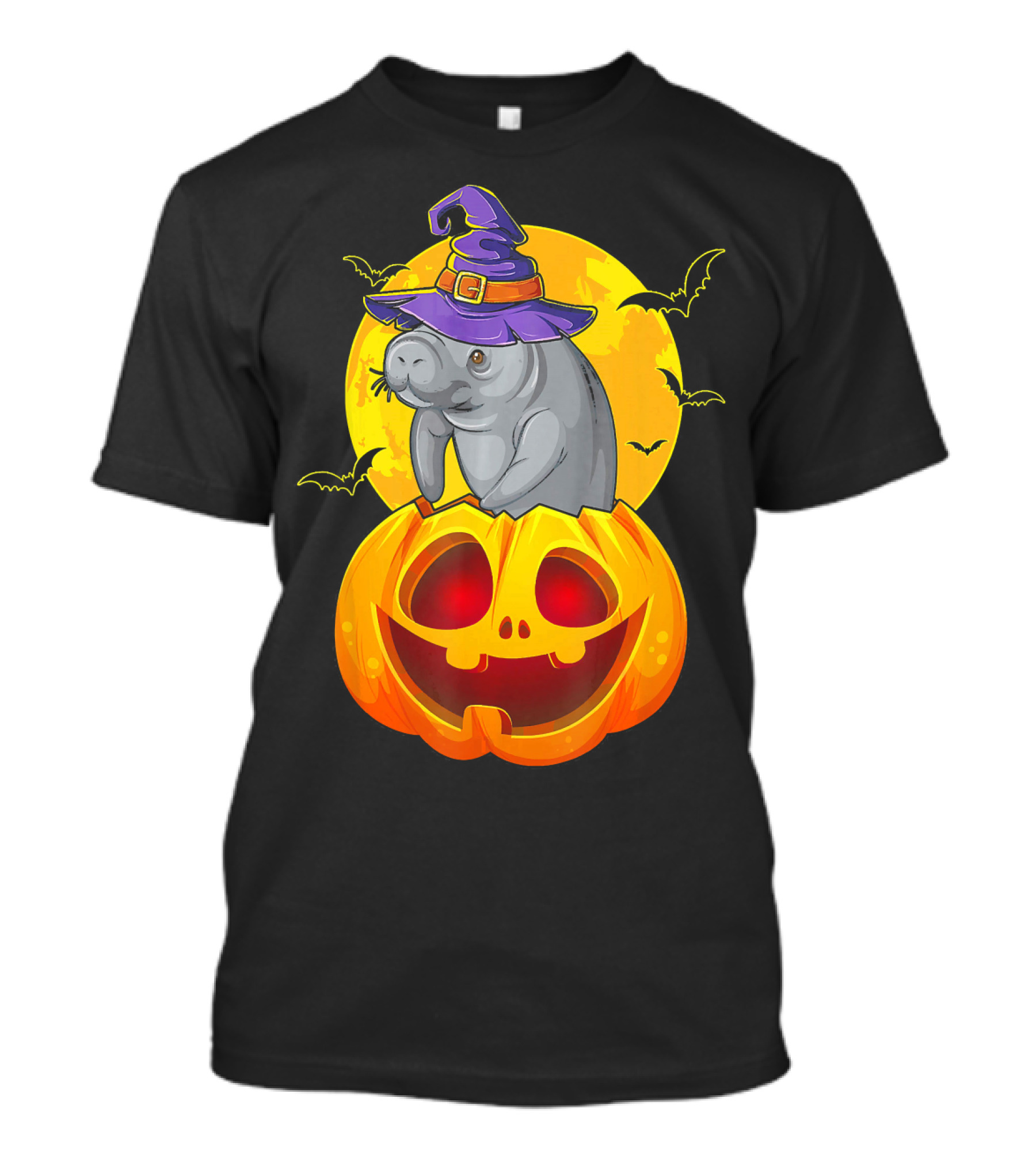 Cute Manatee In Witch Hat Sitting On Jack O Lantern With Full Moon And Bats T-Shirt