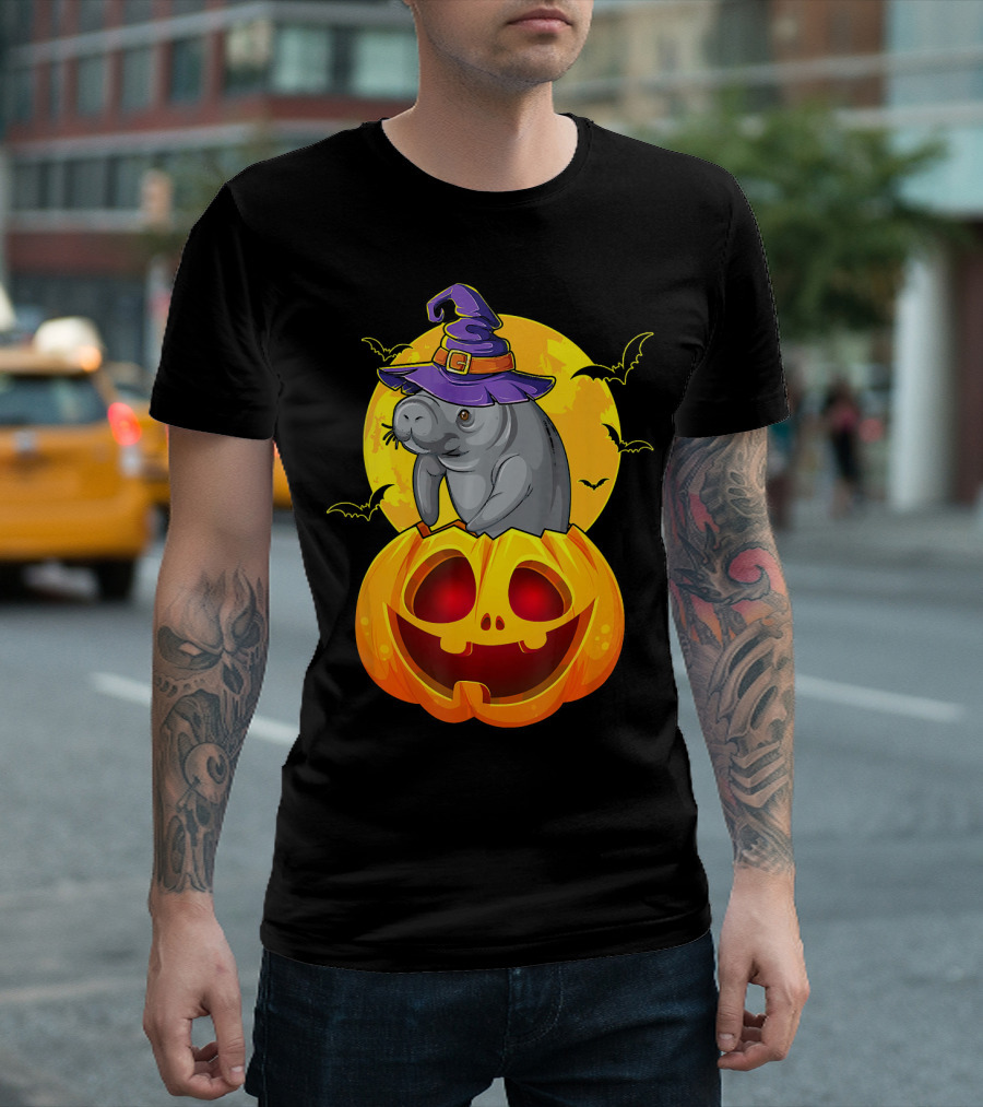 Cute Manatee In Witch Hat Sitting On Jack O Lantern With Full Moon And Bats T-Shirt