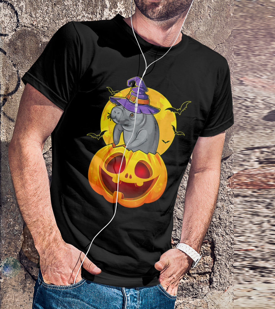 Cute Manatee In Witch Hat Sitting On Jack O Lantern With Full Moon And Bats T-Shirt