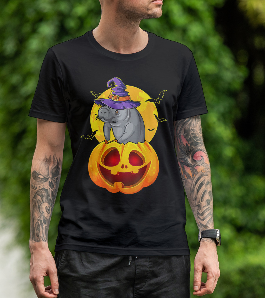 Cute Manatee In Witch Hat Sitting On Jack O Lantern With Full Moon And Bats T-Shirt