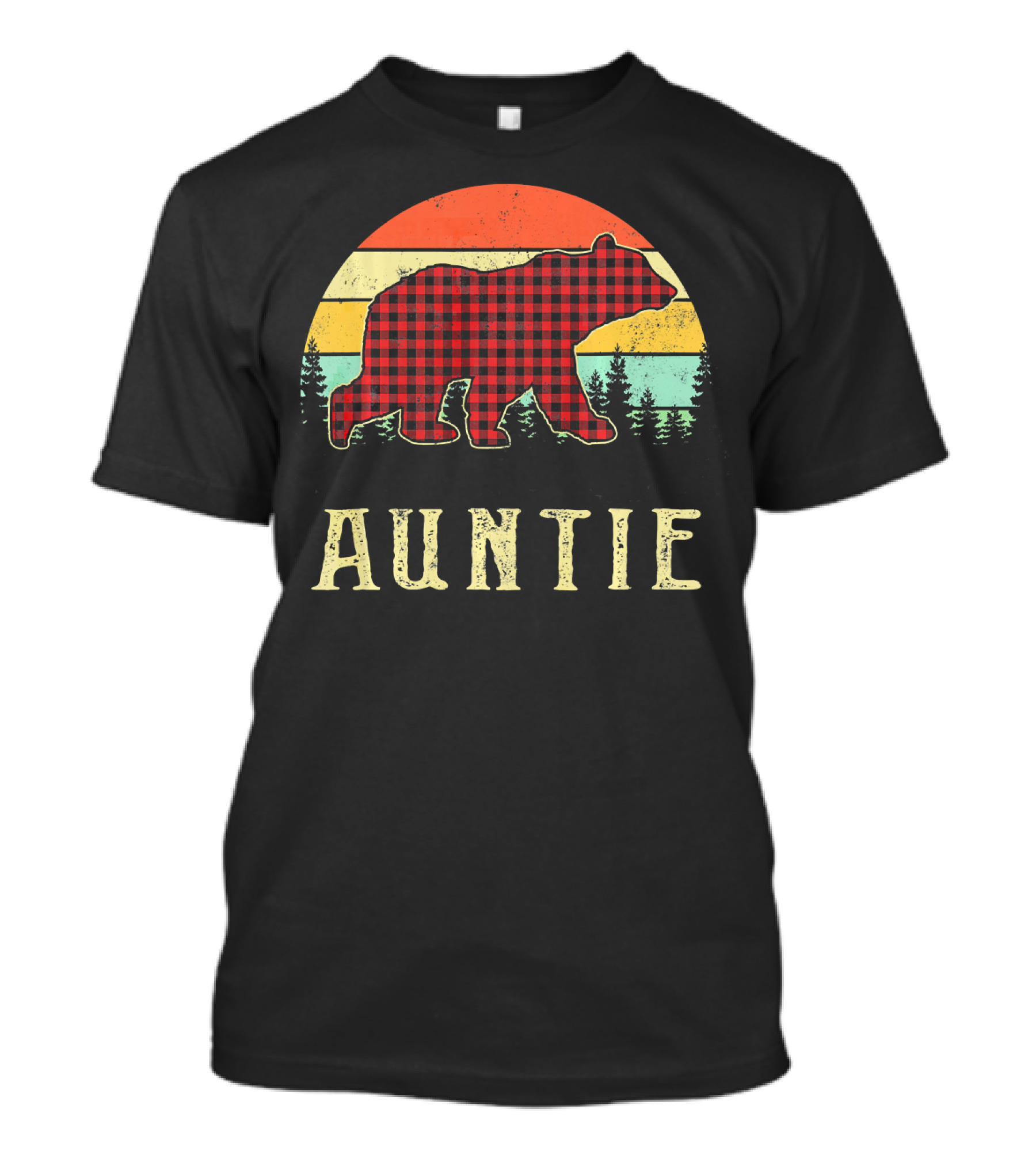 Auntie Bear Red Plaid Vintage Sunset T-Shirt