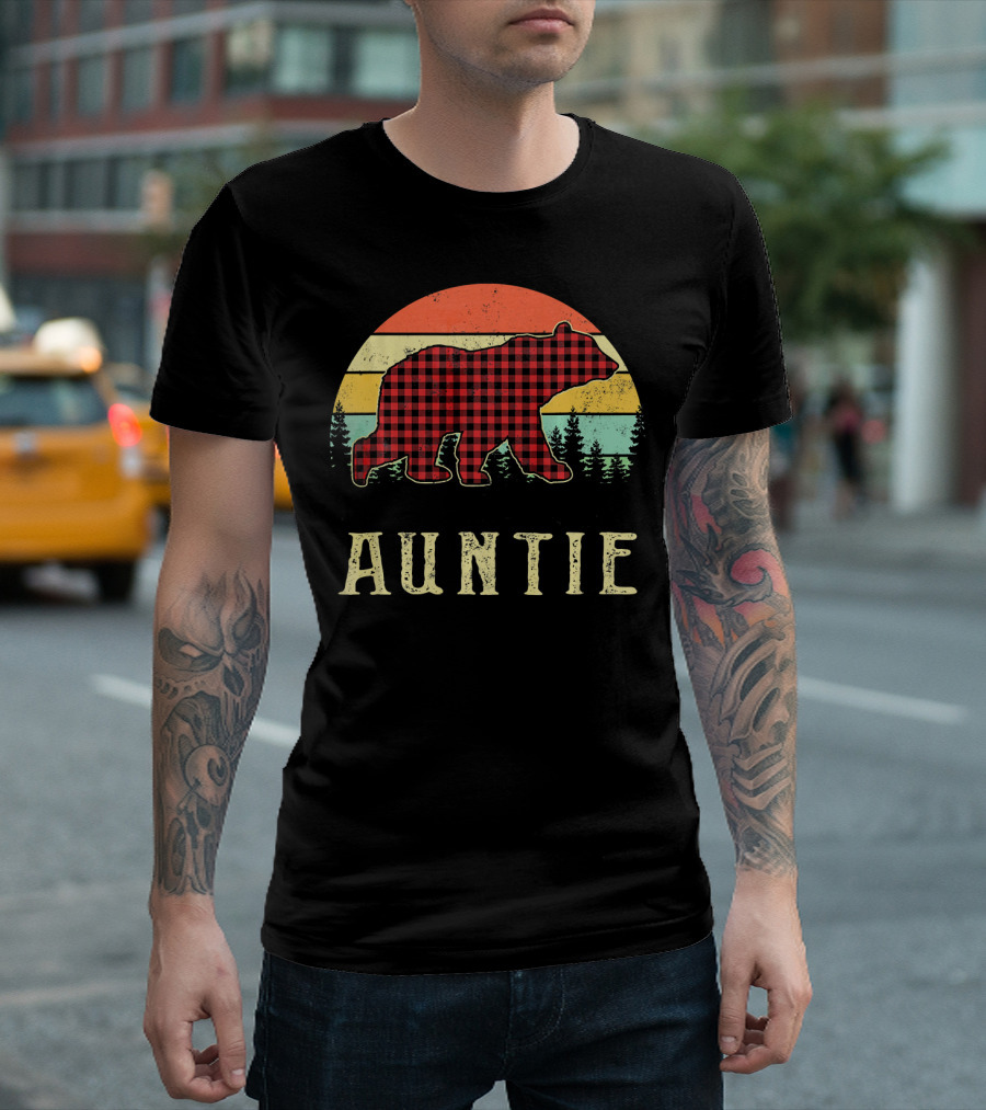 Auntie Bear Red Plaid Vintage Sunset T-Shirt