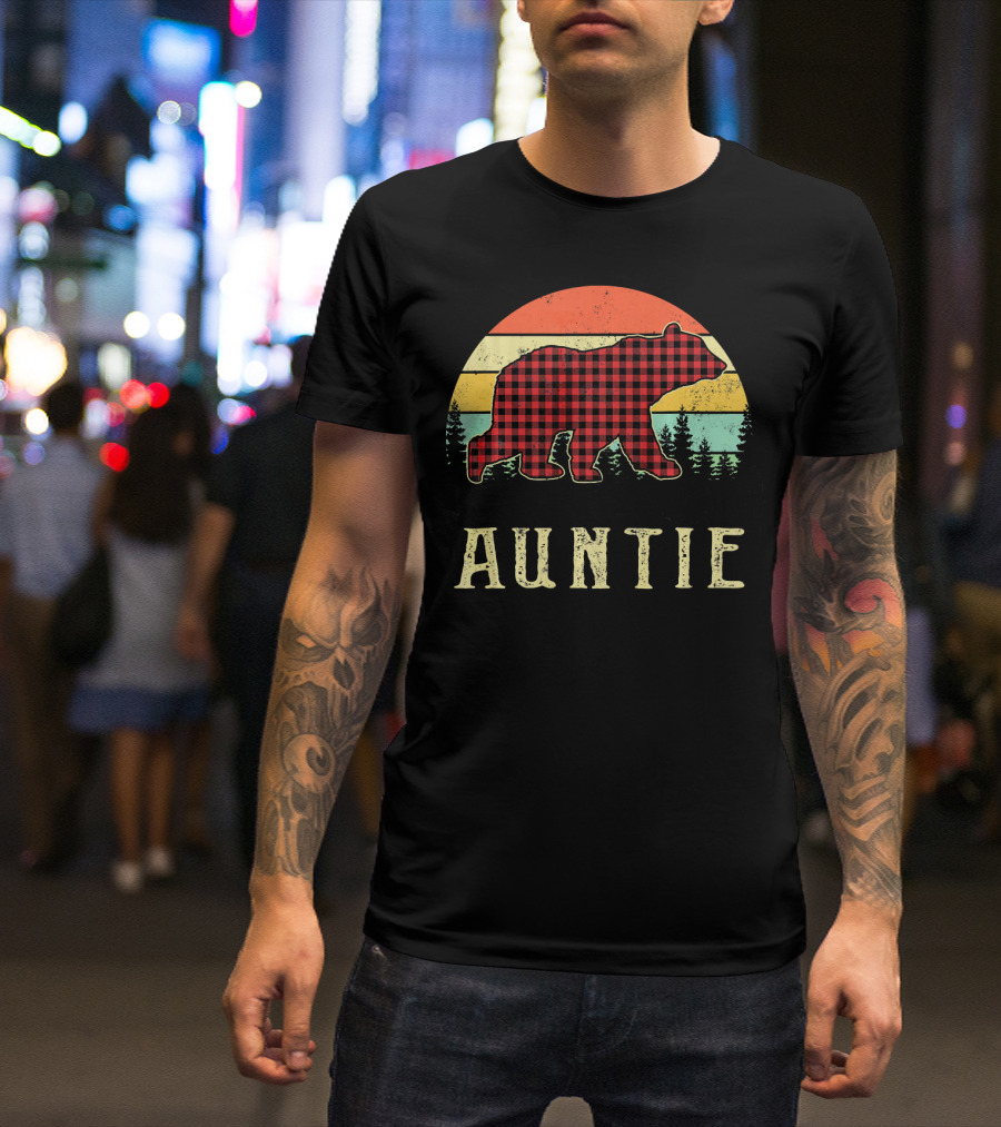 Auntie Bear Red Plaid Vintage Sunset T-Shirt
