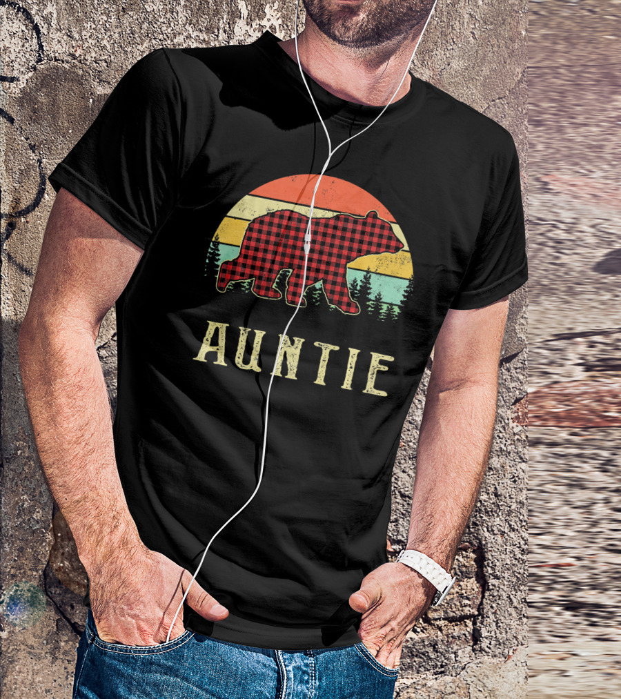 Auntie Bear Red Plaid Vintage Sunset T-Shirt