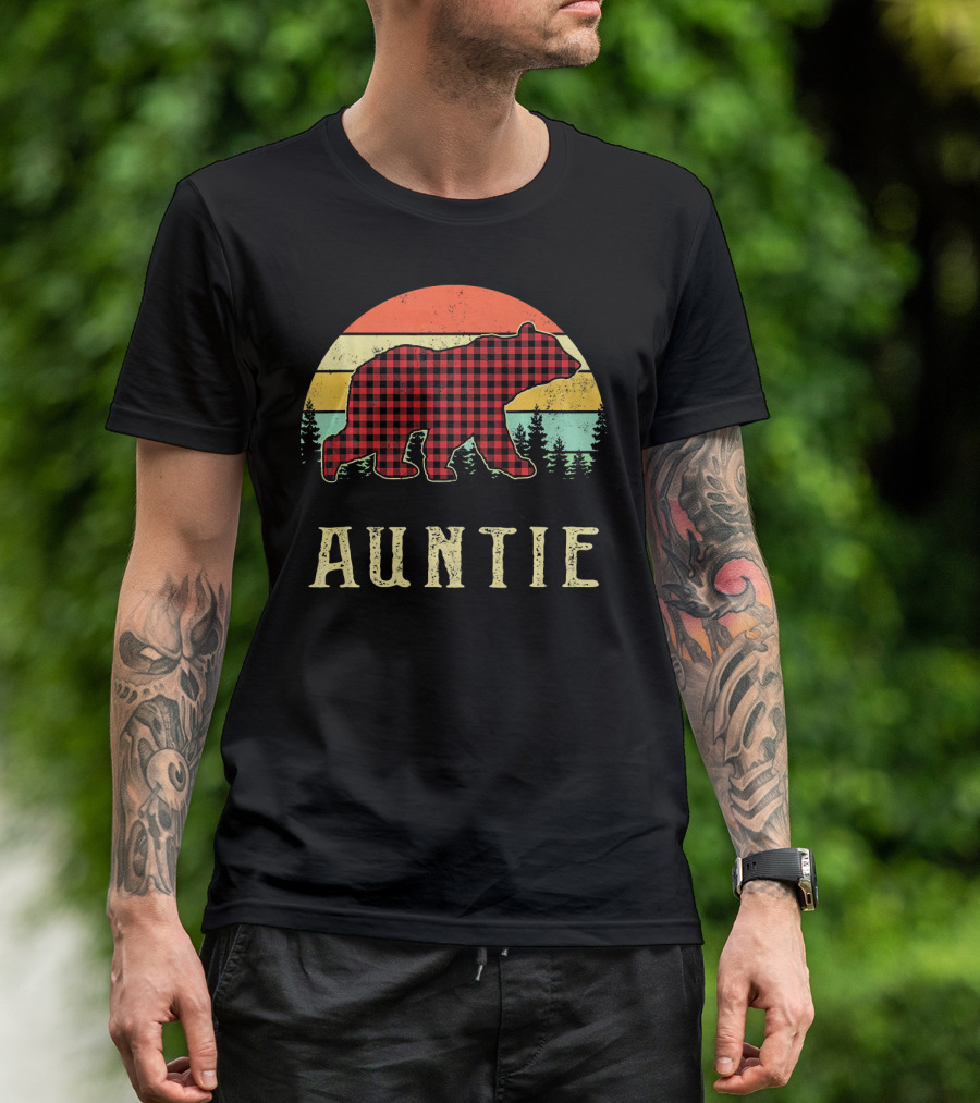 Auntie Bear Red Plaid Vintage Sunset T-Shirt