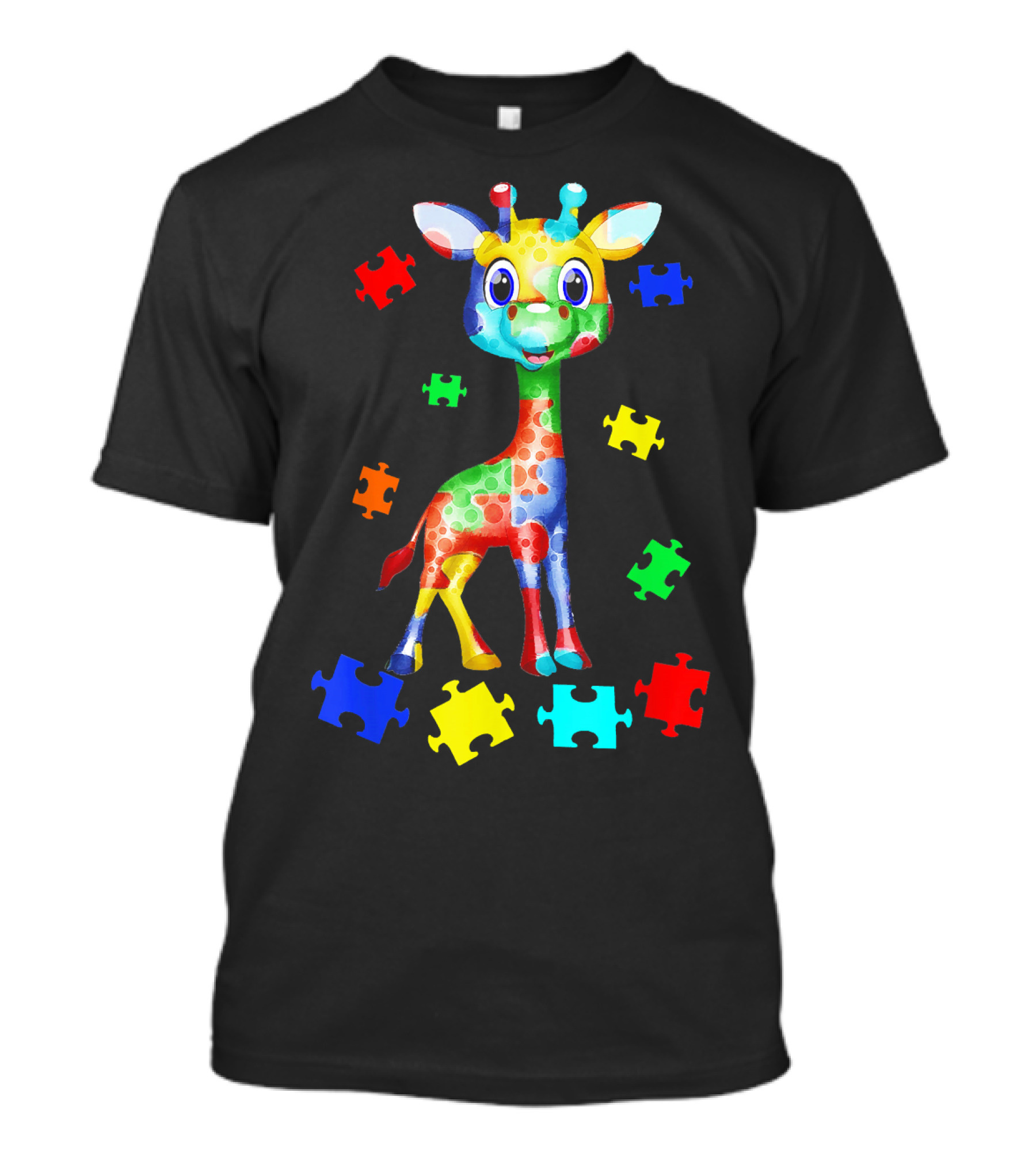 Giraffe In Colorful Puzzle Pattern For Autism Awareness T-Shirt