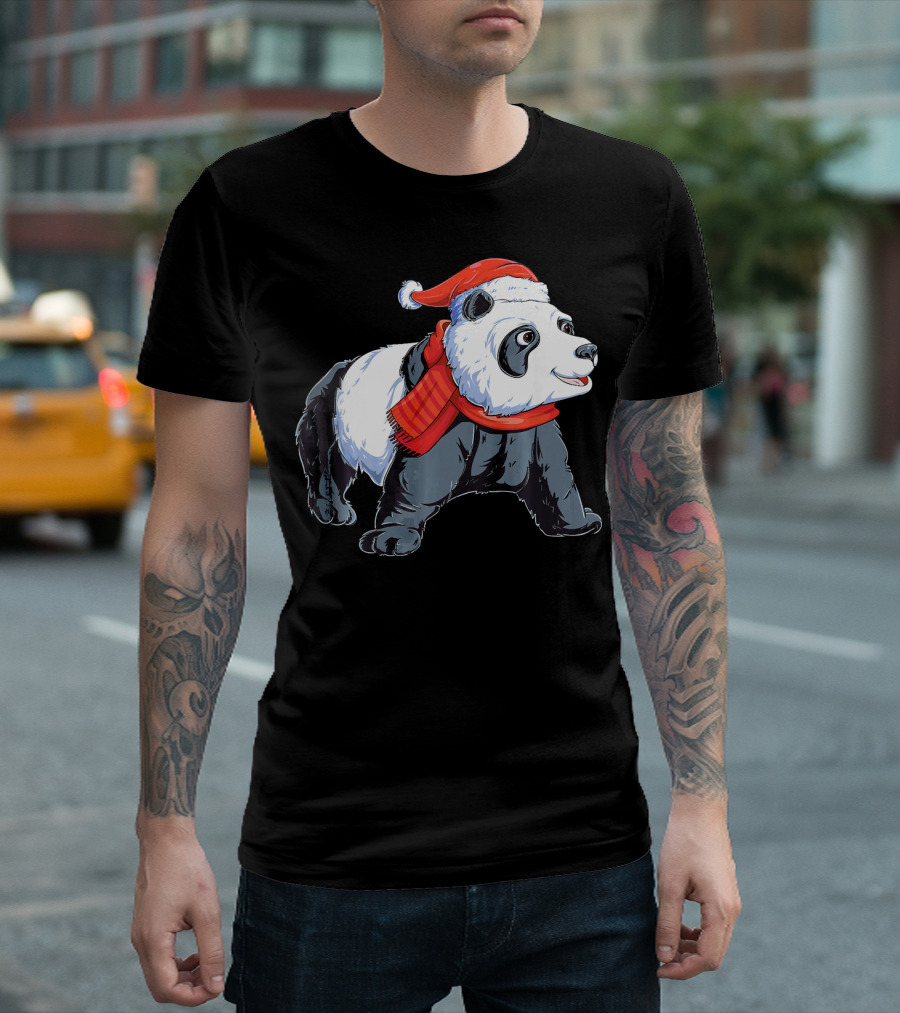 Christmas Panda Santa Hat Winter Scarf Holiday T-Shirt