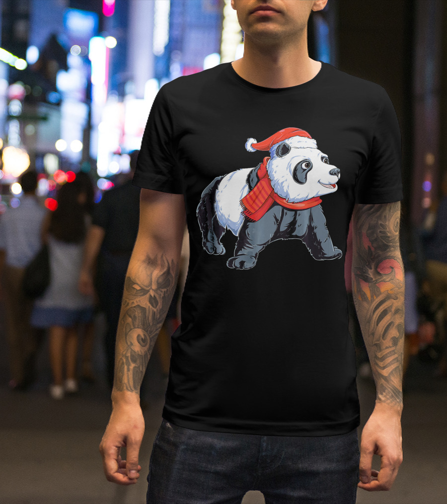 Christmas Panda Santa Hat Winter Scarf Holiday T-Shirt