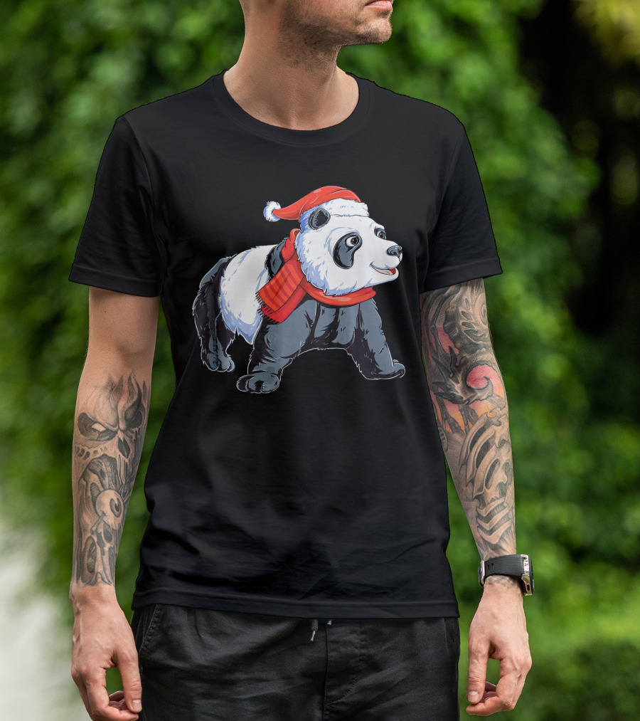 Christmas Panda Santa Hat Winter Scarf Holiday T-Shirt
