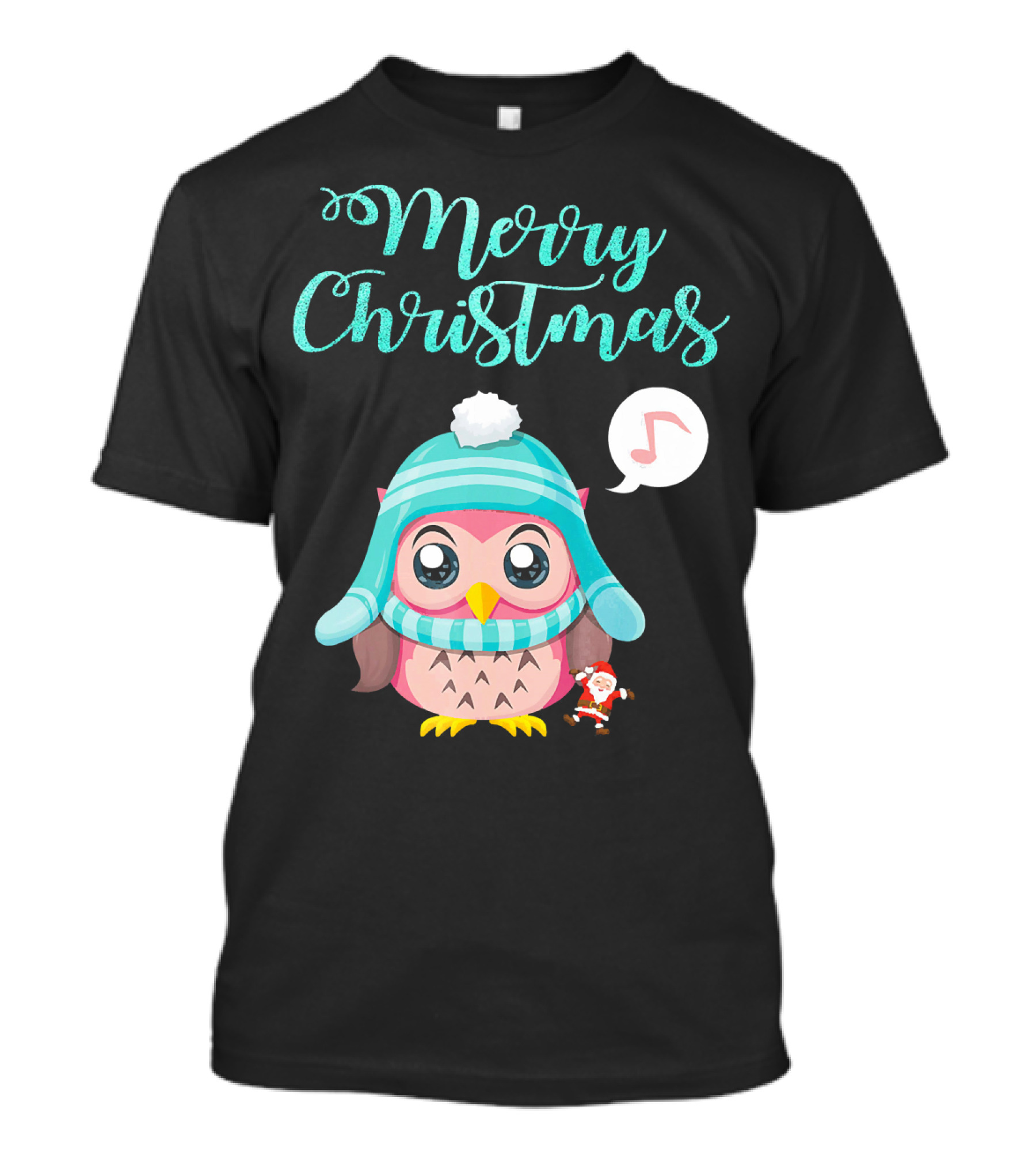 Merry Christmas Cute Owl With Santa Hat Music Note T-Shirt