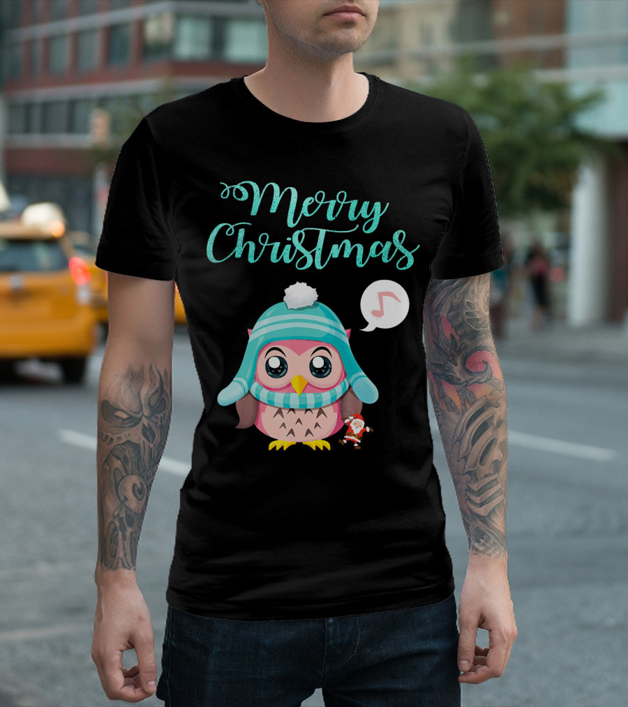 Merry Christmas Cute Owl With Santa Hat Music Note T-Shirt
