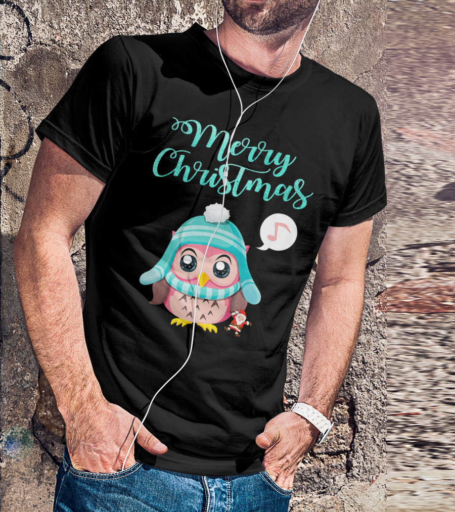 Merry Christmas Cute Owl With Santa Hat Music Note T-Shirt