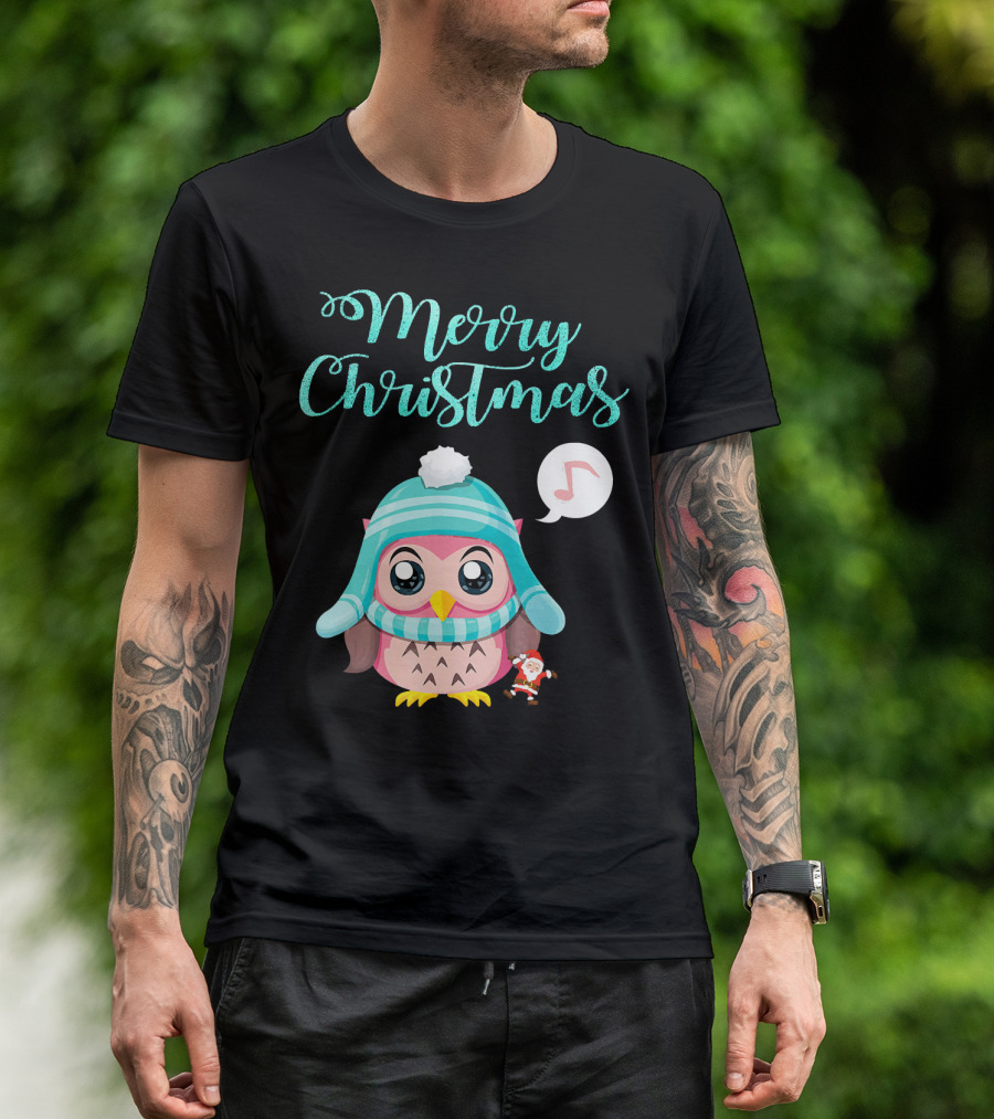 Merry Christmas Cute Owl With Santa Hat Music Note T-Shirt