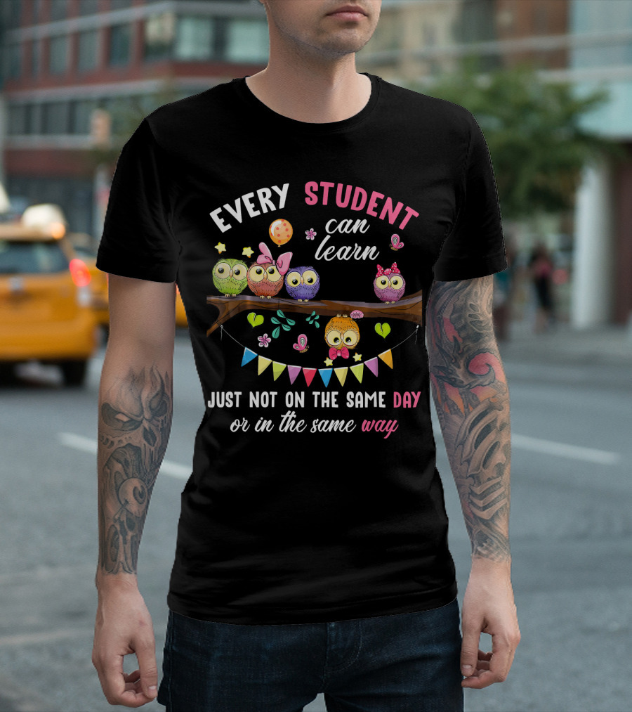 Every Student Can Learn Just Not On The Same Day Or In The Same Way Colorful Owls And Bunting T-Shirt