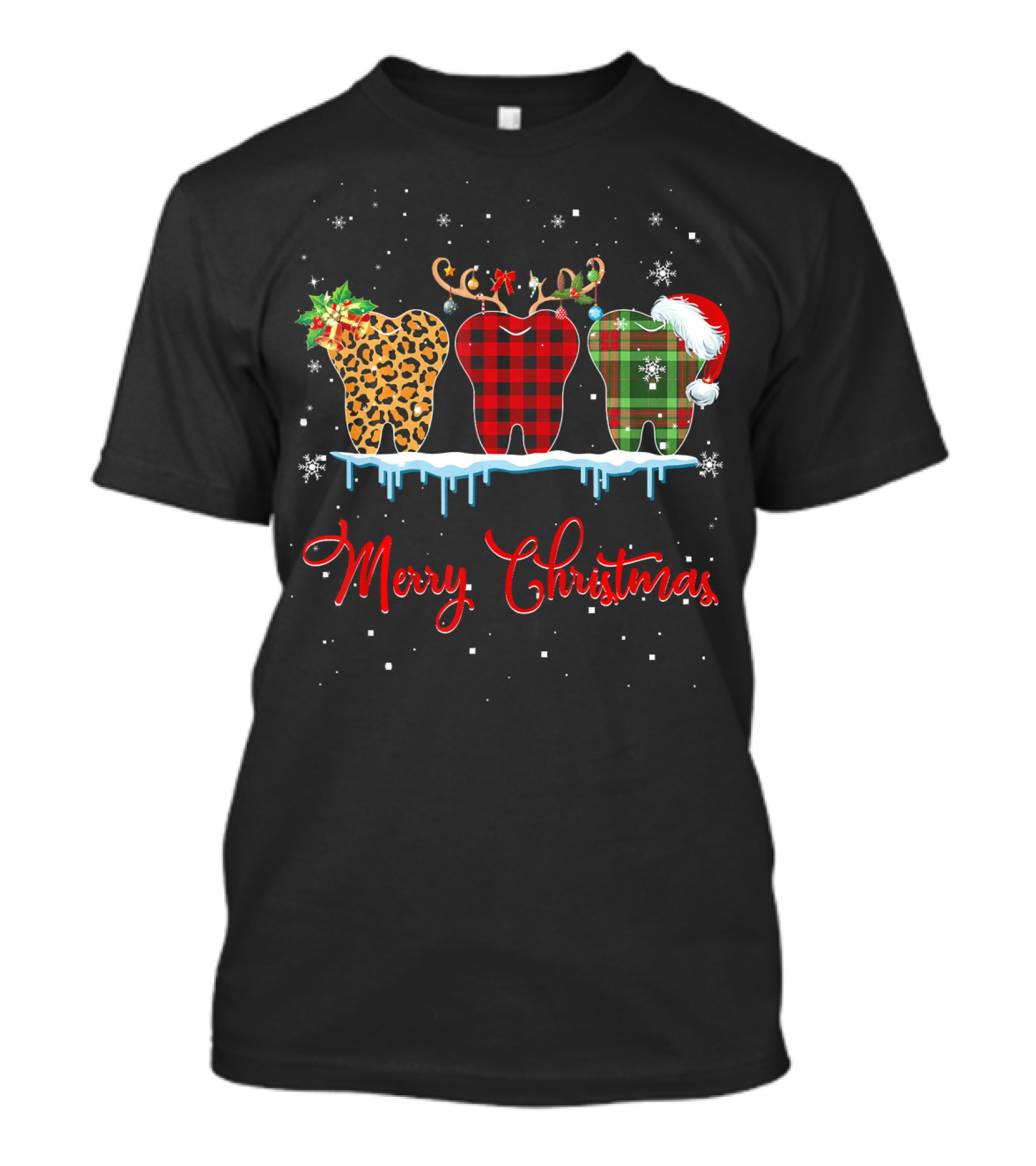 Merry Christmas Leopard Red Plaid Green Plaid Tooth Trio T-Shirt