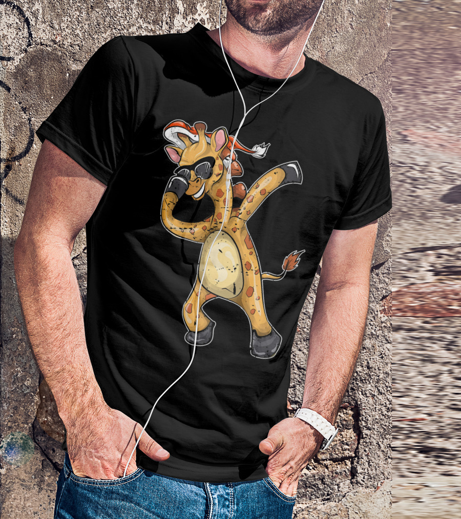 Christmas Animal Dabbing Giraffe Santa Hat Sunglasses T-Shirt