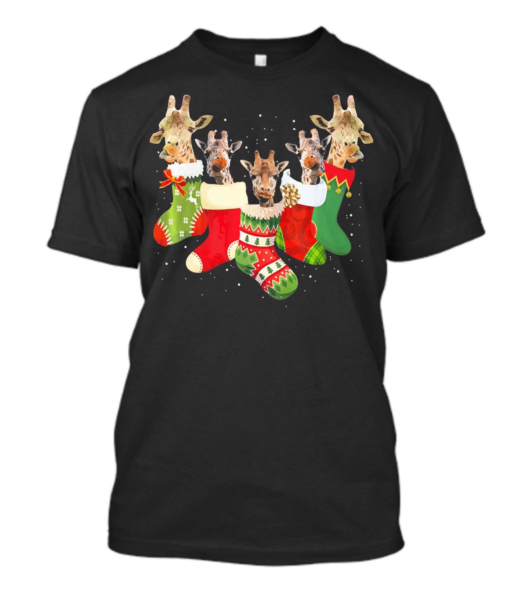 Giraffe Heads Peeking From Colorful Christmas Socks In Snowflakes T-Shirt
