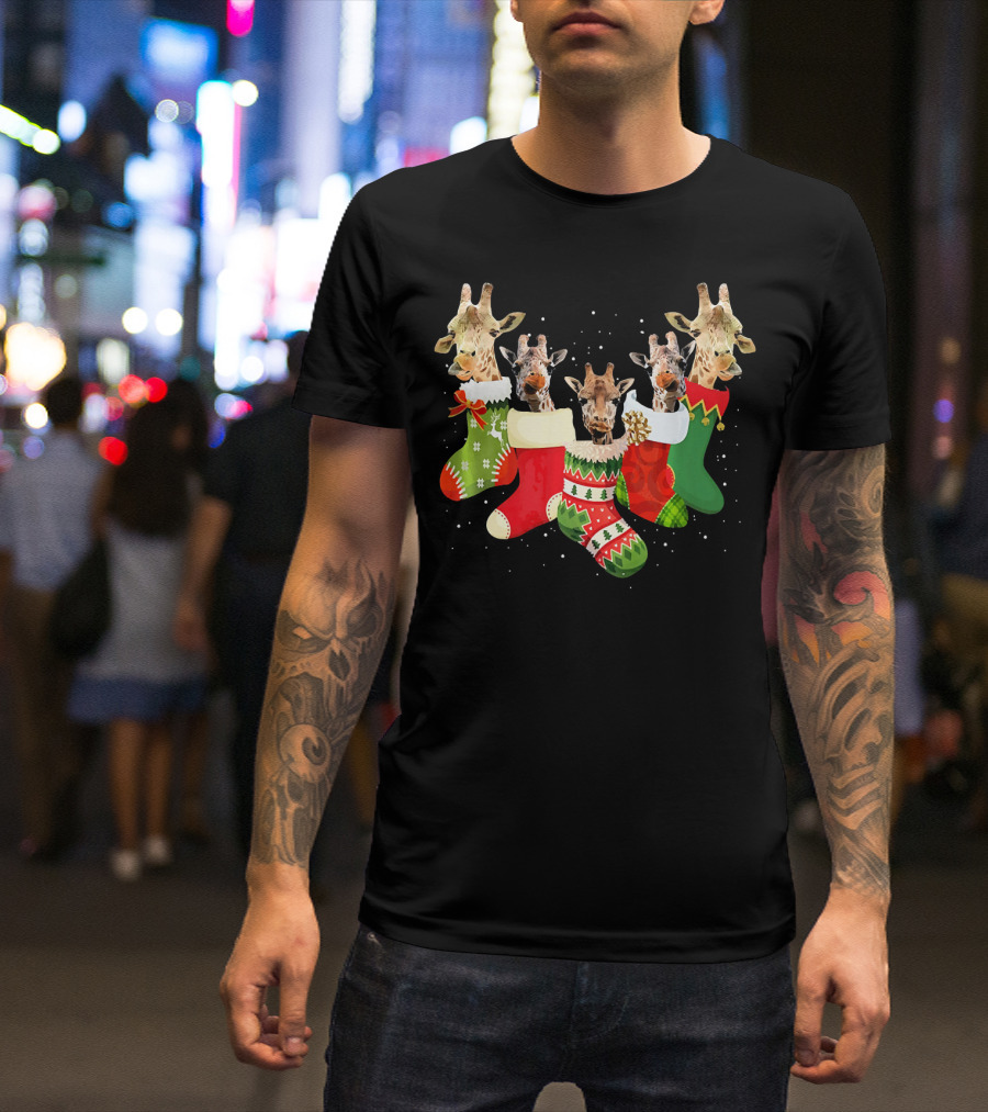 Giraffe Heads Peeking From Colorful Christmas Socks In Snowflakes T-Shirt