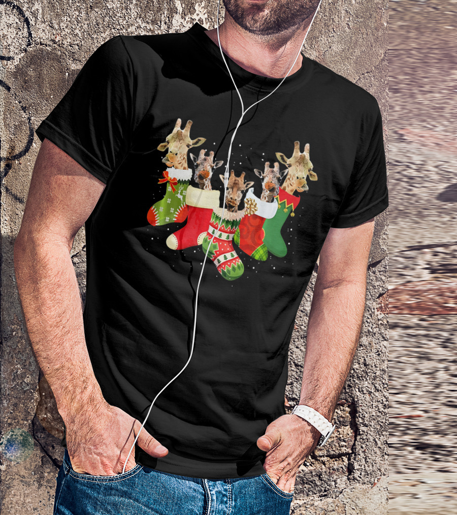 Giraffe Heads Peeking From Colorful Christmas Socks In Snowflakes T-Shirt