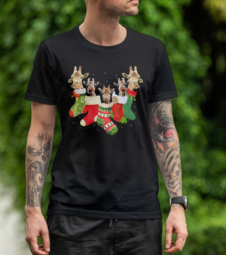 Giraffe Heads Peeking From Colorful Christmas Socks In Snowflakes T-Shirt
