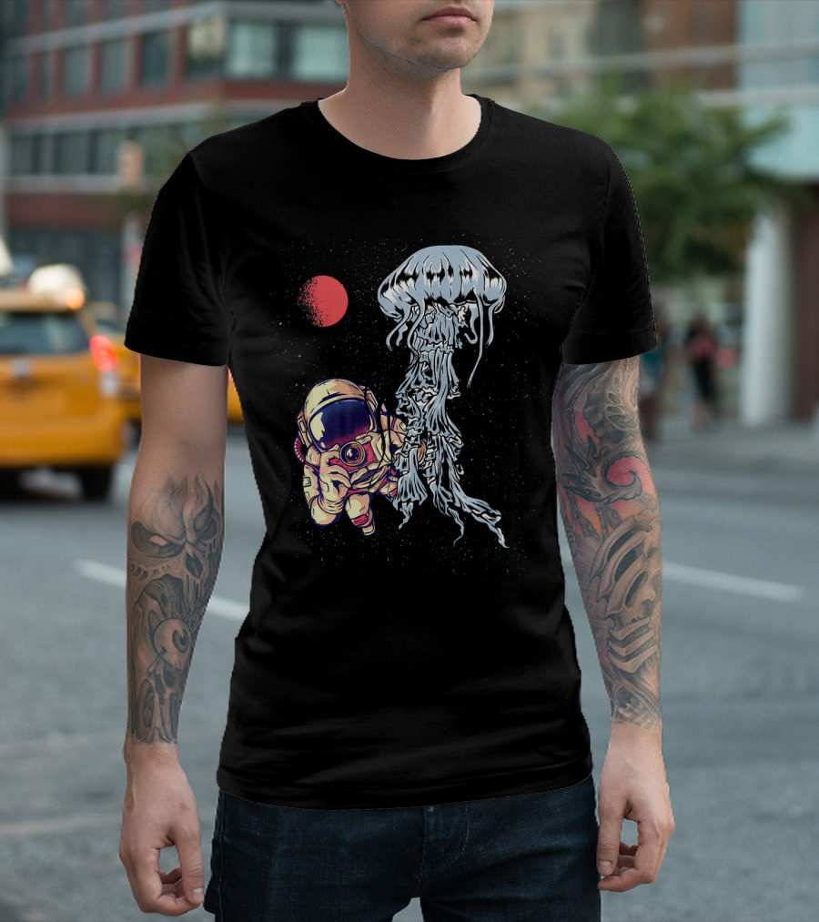 Astronaut Photographing Jellyfish In Outer Space With Red Planet T-Shirt