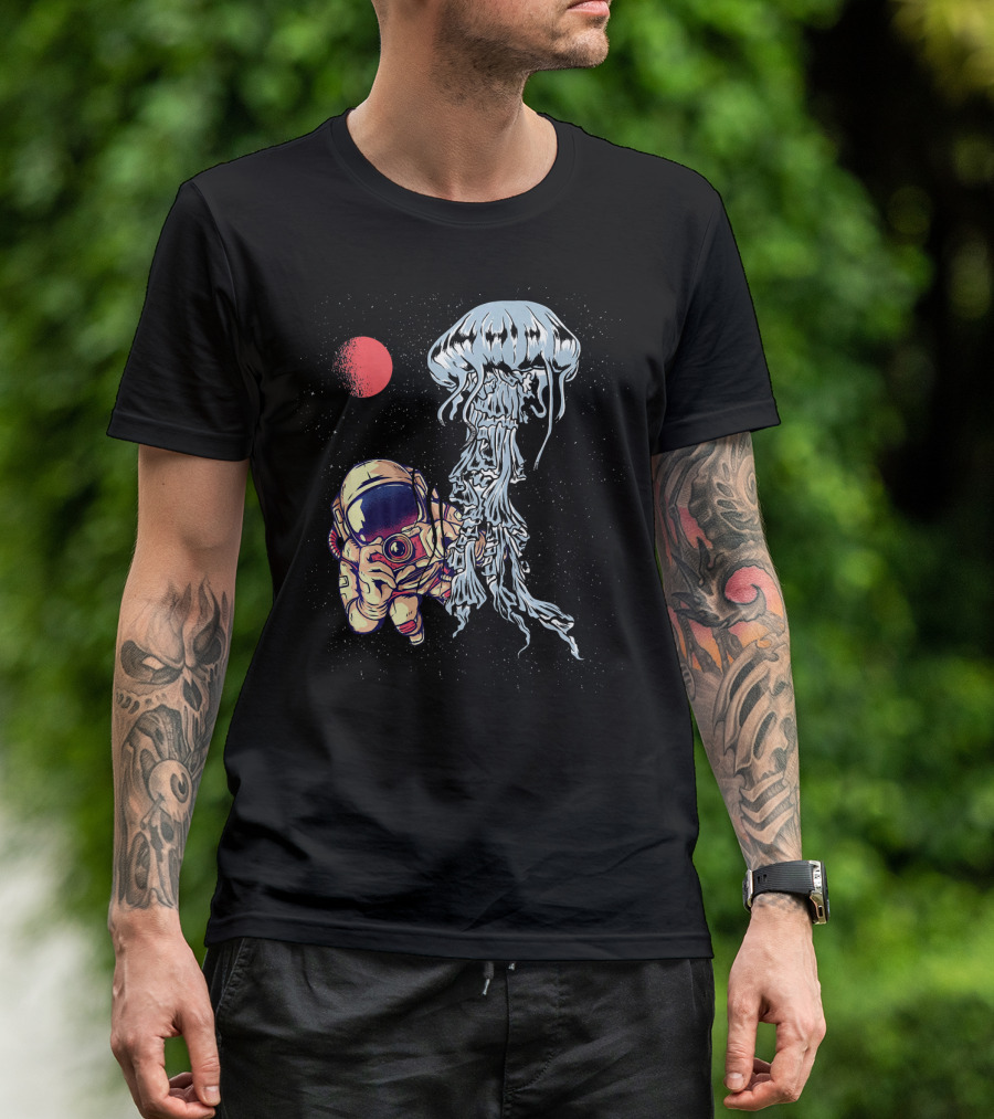 Astronaut Photographing Jellyfish In Outer Space With Red Planet T-Shirt