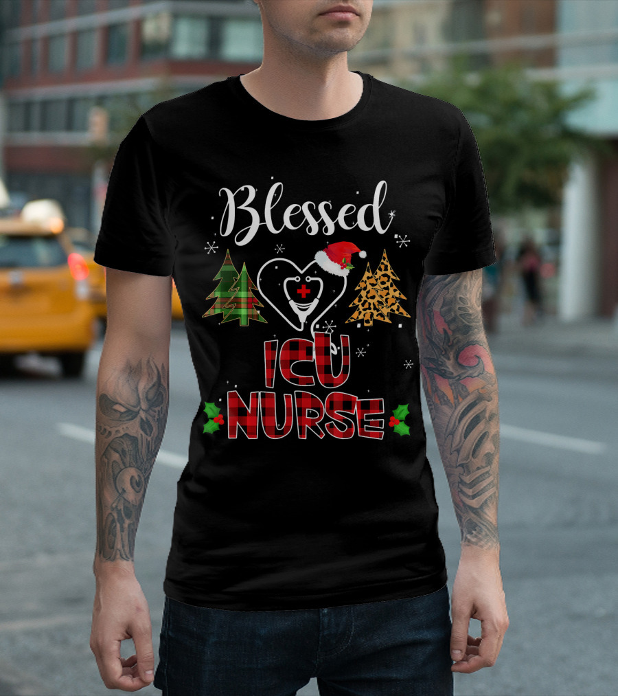 Blessed ICU Nurse Christmas Buffalo Plaid Leopard Tree T-Shirt