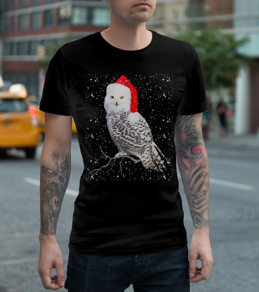 Snowy Owl Wearing Santa Hat In Winter Snowflakes T-Shirt