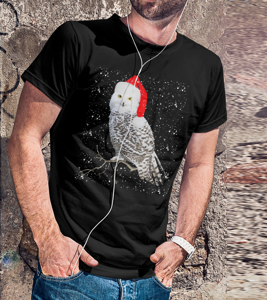 Snowy Owl Wearing Santa Hat In Winter Snowflakes T-Shirt