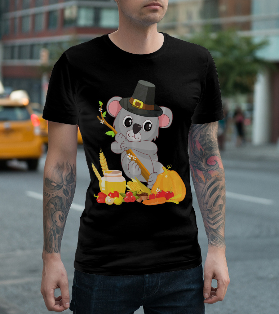 Thanksgiving Koala Bear with Pilgrim Hat and Harvest Fruits T-Shirt