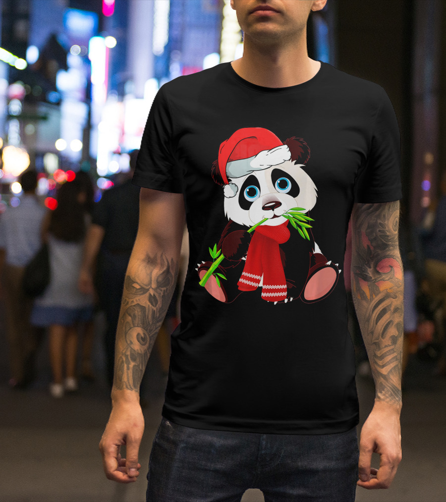 Christmas Panda Funny Winter Santa Hat Bamboo T-Shirt