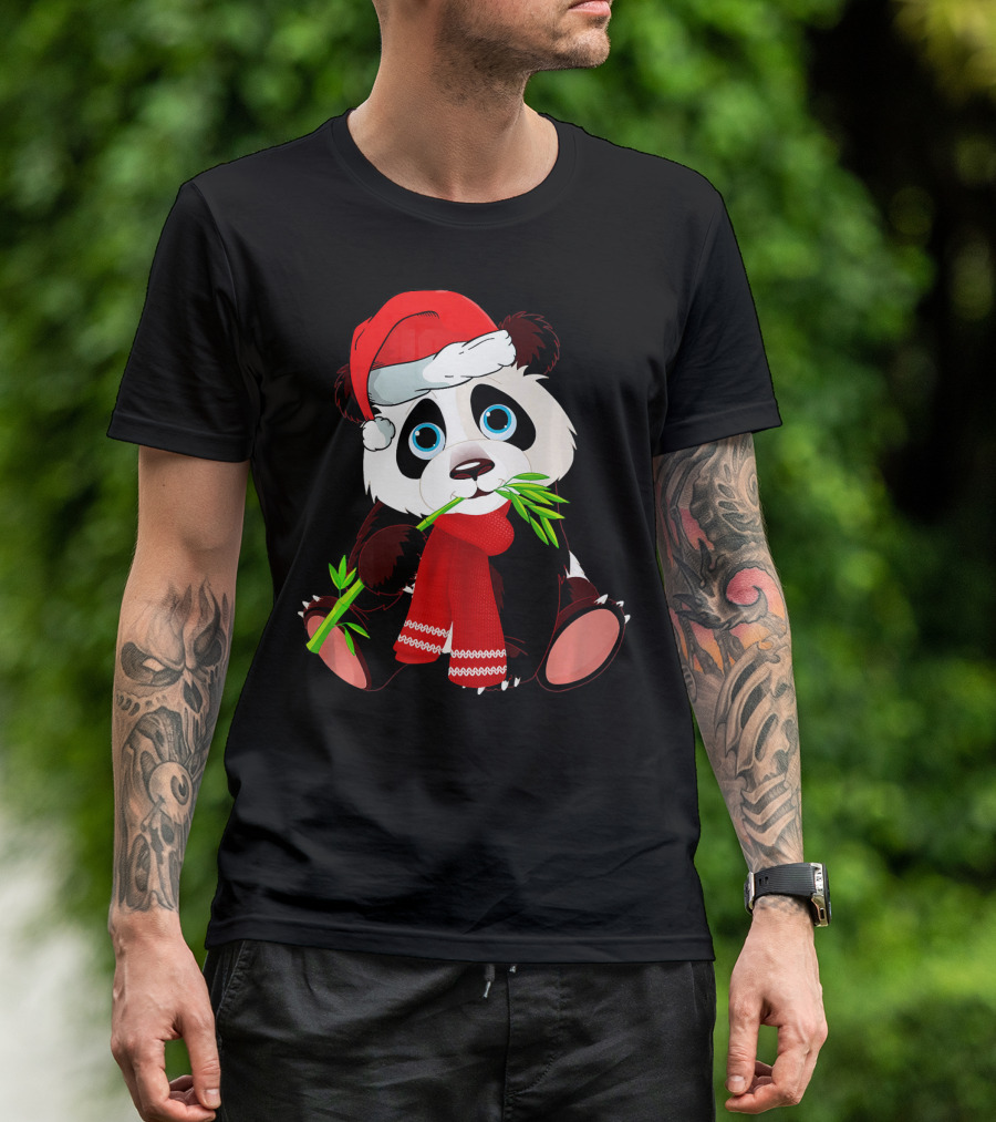 Christmas Panda Funny Winter Santa Hat Bamboo T-Shirt
