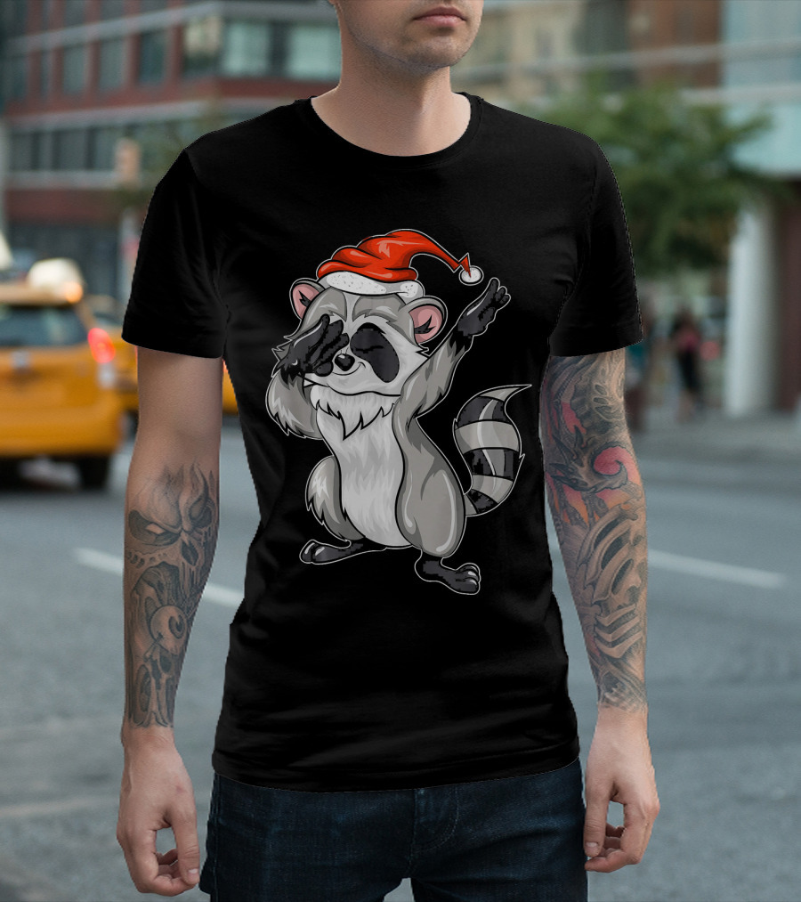 Christmas Raccoon Dabbing in Santa Hat T-Shirt