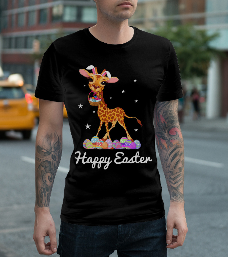 Happy Easter Cute Giraffe With Bunny Ears And Eggs T-Shirt