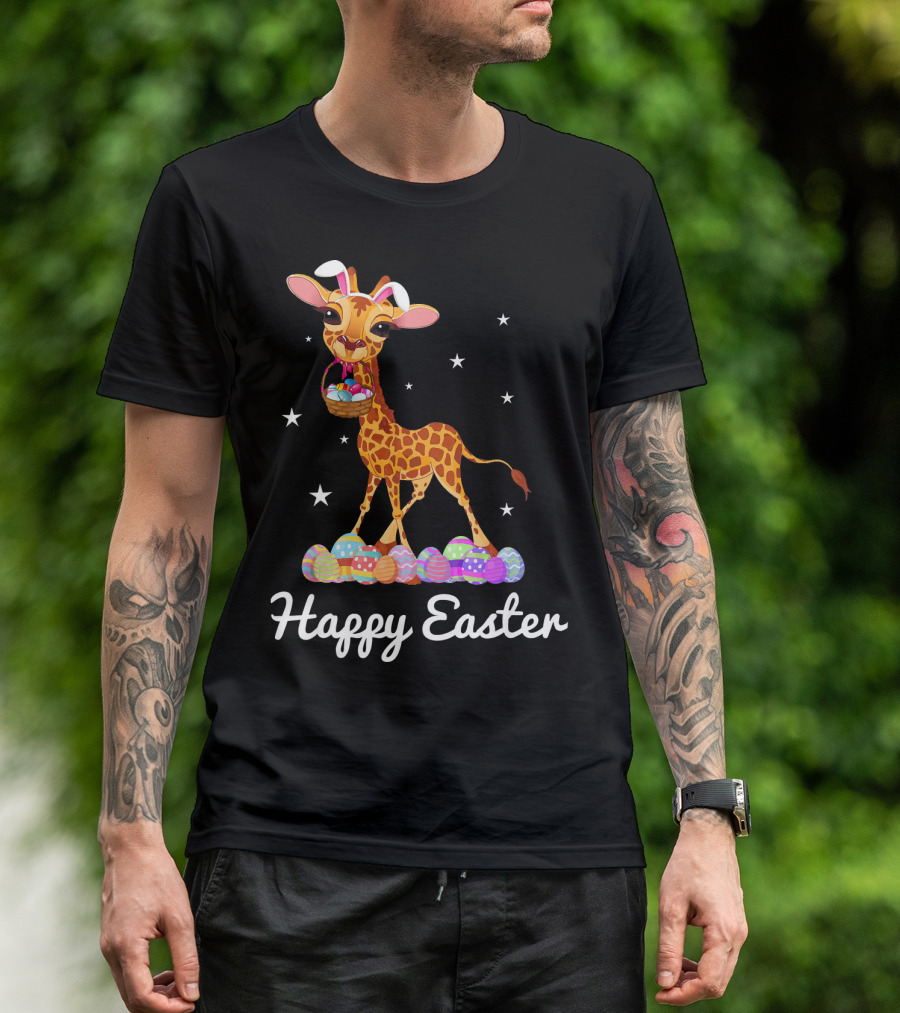 Happy Easter Cute Giraffe With Bunny Ears And Eggs T-Shirt
