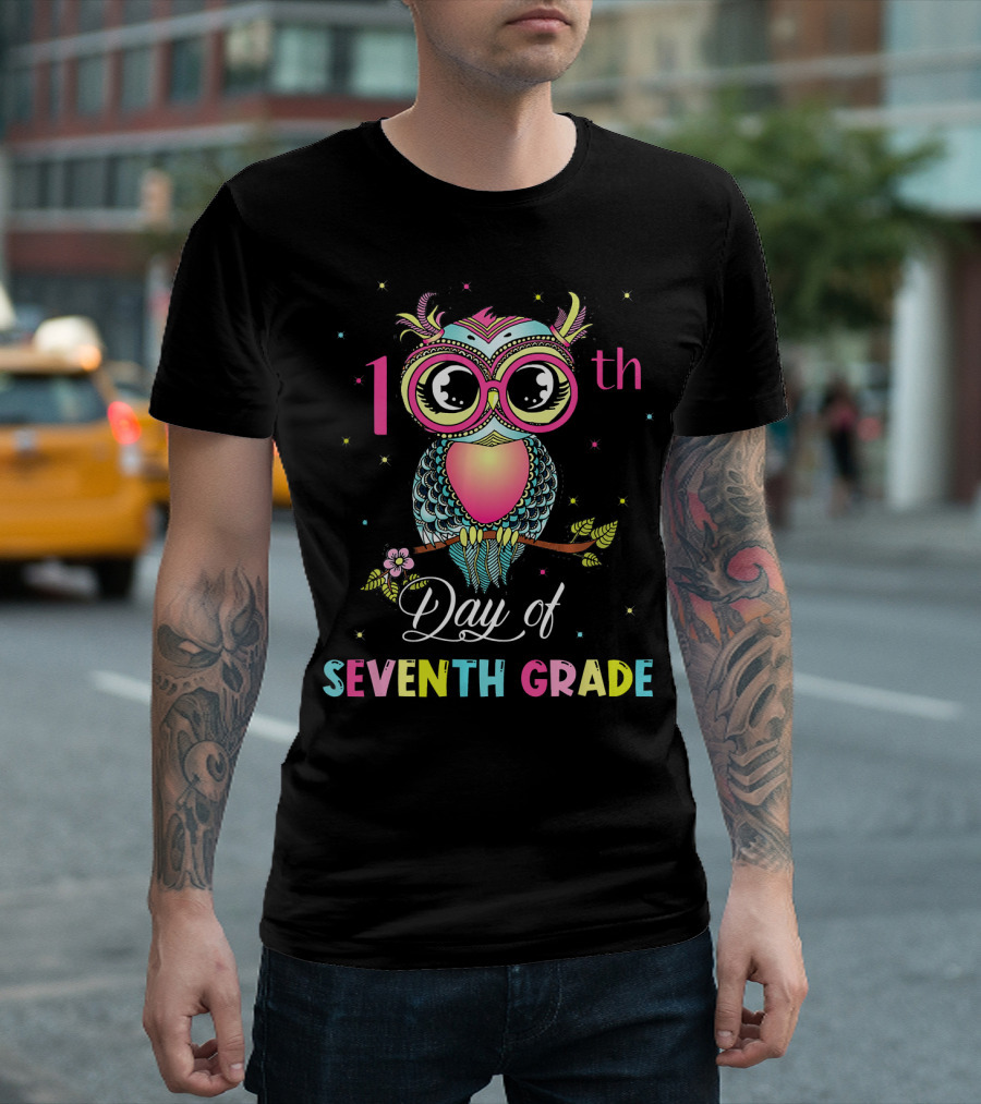 100th Day of Seventh Grade Cute Owl Colorful T-Shirt